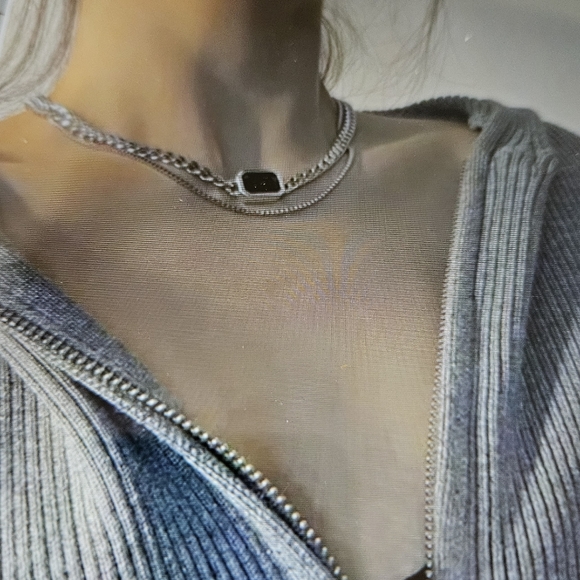 Silver Chain Necklaces One with Black Pendant - Picture 2 of 5